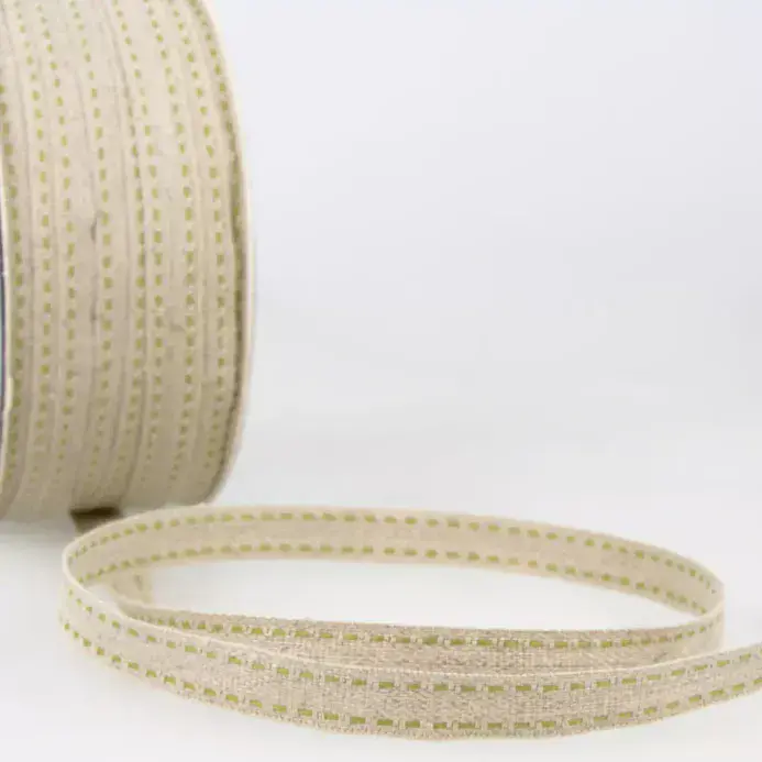 Top Stitched Linen Trim - (Natural and Green) 25m x 10mm