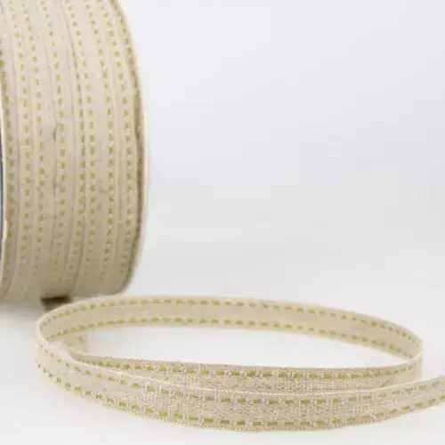 Top Stitched Linen Trim - (Natural and Green) 25m x 10mm ID: S7751B10\053