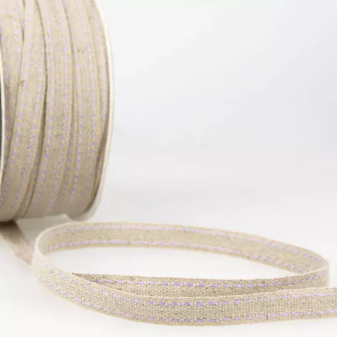 Top Stitched Linen Trim - (Natural and Lilac) 25m x 10mm