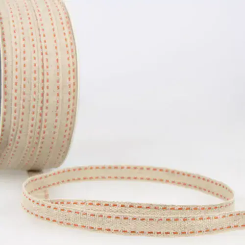 Top Stitched Linen Trim - (Natural and Orange) 25m x 10mm