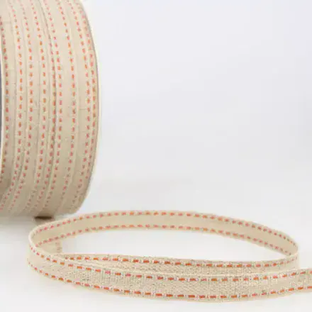 Top Stitched Linen Trim - (Natural and Orange) 25m x 10mm