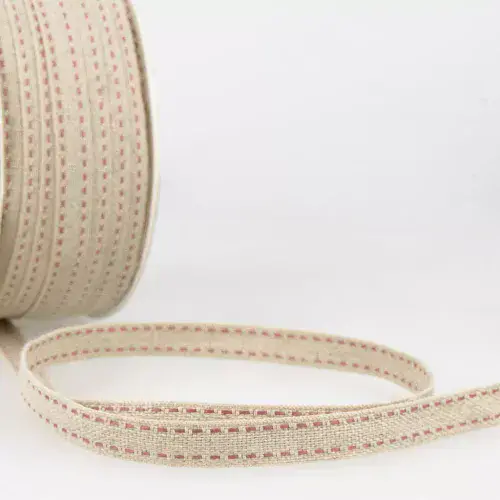 Top Stitched Linen Trim - (Natural and Pink) 25m x 10mm ID: S7751B10\077