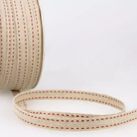 Top Stitched Linen Trim - (Natural and Red) 25m x 10mm