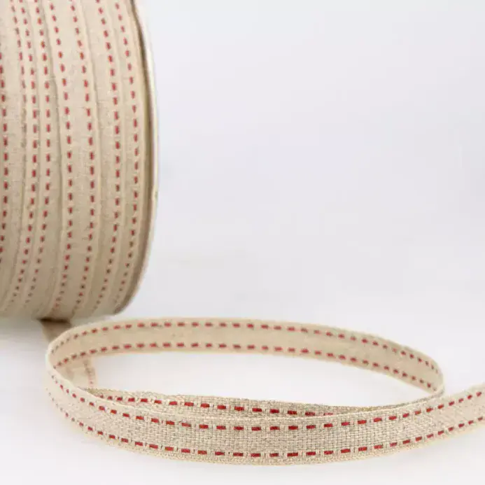 Top Stitched Linen Trim - (Natural and Red) 25m x 10mm