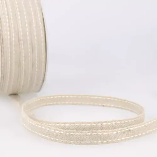 Top Stitched Linen Trim - (Natural and White) 25m x 10mm ID: S7751B10\040