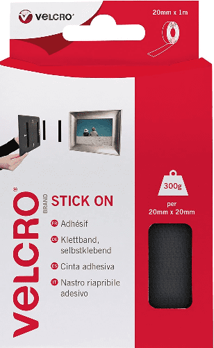 Velcro Hook & Loop Tape: Stick-On: 1m x 20mm Black ID: V60211