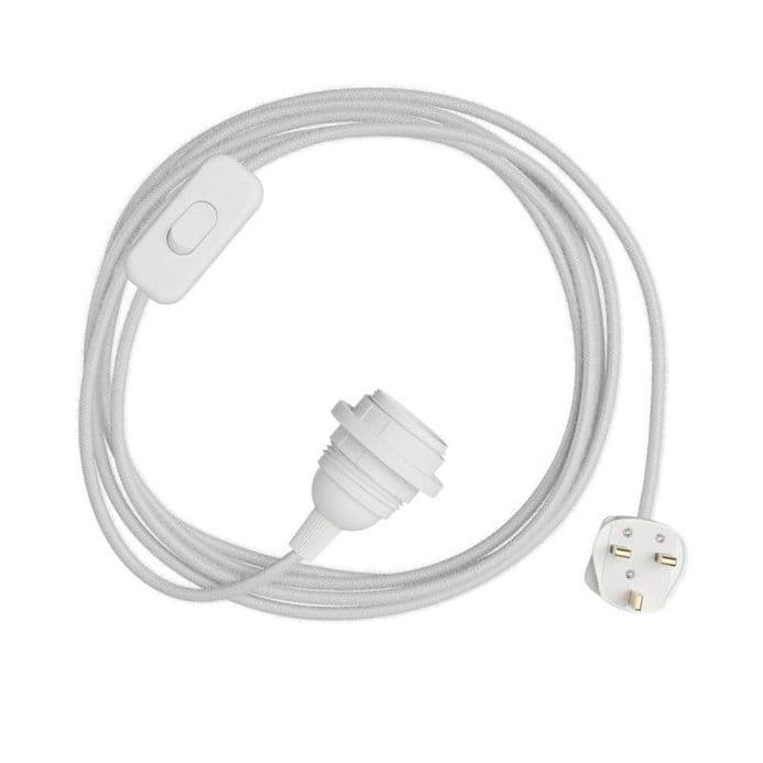White Cotton Textile Cable Assembly with Lamp Holder, Plug & Switch