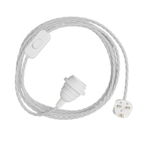 White Cotton Twisted Textile Cable Assembly with Lamp Holder, Plug & Switch