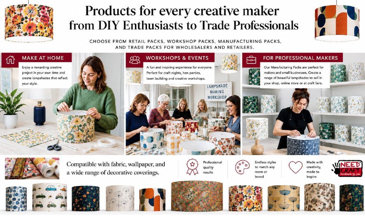 Lampshade Products for every maker, from DIY enthusiasts to trade professionals. Choose from Retail Packs, Workshop Packs, Manufacturing Packs, and Trade Packs for wholesalers and retailers.