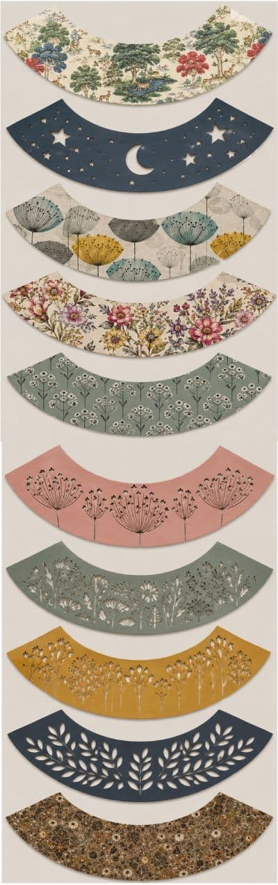 Cut lampshade panels in various fabrics and shapes