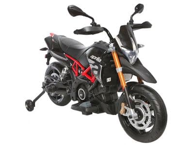 Aprilia Dorsoduro 900 Black Licensed 12V Ride On Kids Motorbike with Stabilisers