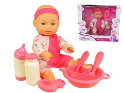 Baby Cuddles 10” Dressed Baby Doll with 6pc Play Toy Feeding & Care Dolly Accessories