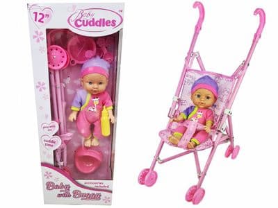 Baby Cuddles 28cm Dressed Baby Doll with Toy Stroller & 5pc Dolly Care Accessories