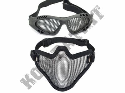 Metal Mesh airsoft safety glasses and lower face steel wire mesh mask bundle black