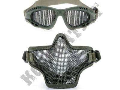 Metal Mesh airsoft safety glasses and lower face steel wire mesh mask bundle Green
