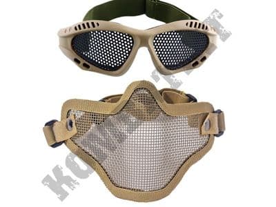Metal Mesh airsoft safety glasses and lower face steel wire mesh mask bundle tan