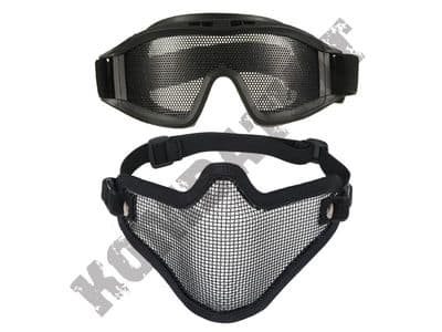 Metal mesh airsoft safety goggles and lower face steel wire mesh mask bundle black