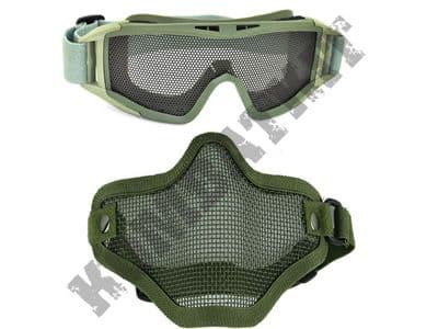 Metal mesh airsoft safety goggles and lower face steel wire mesh mask bundle green