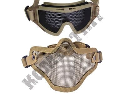 Metal mesh airsoft safety goggles and lower face steel wire mesh mask bundle tan