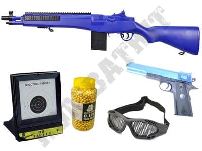 US Army BB Gun Spring M14 + 1911 + Pellets + Target + Goggles Black 2 Tone Bundle