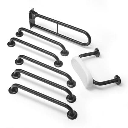 Commercial Disabled Toilet Grab Rail Kit with Seat Cushion - Matt Black