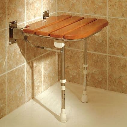 DTUK80 Wall-Mounted Bariatric Fold-Up Wooden Slatted Shower Seat with Legs