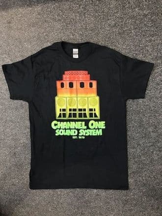 Channel One T-Shirt Speaker Stack Logo  - Gildan Cotton Black /Multi Colour Logo - Various Sizes