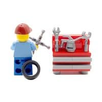 LEGO® Car Mechanic Cake Topper Decoration Made With LEGO® Bricks Garage Man + Work Bench & Tools