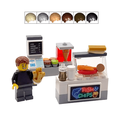LEGO® Fish & Chip Shop Male Cake Topper Decoration Takeaway Worker Minifigure Set