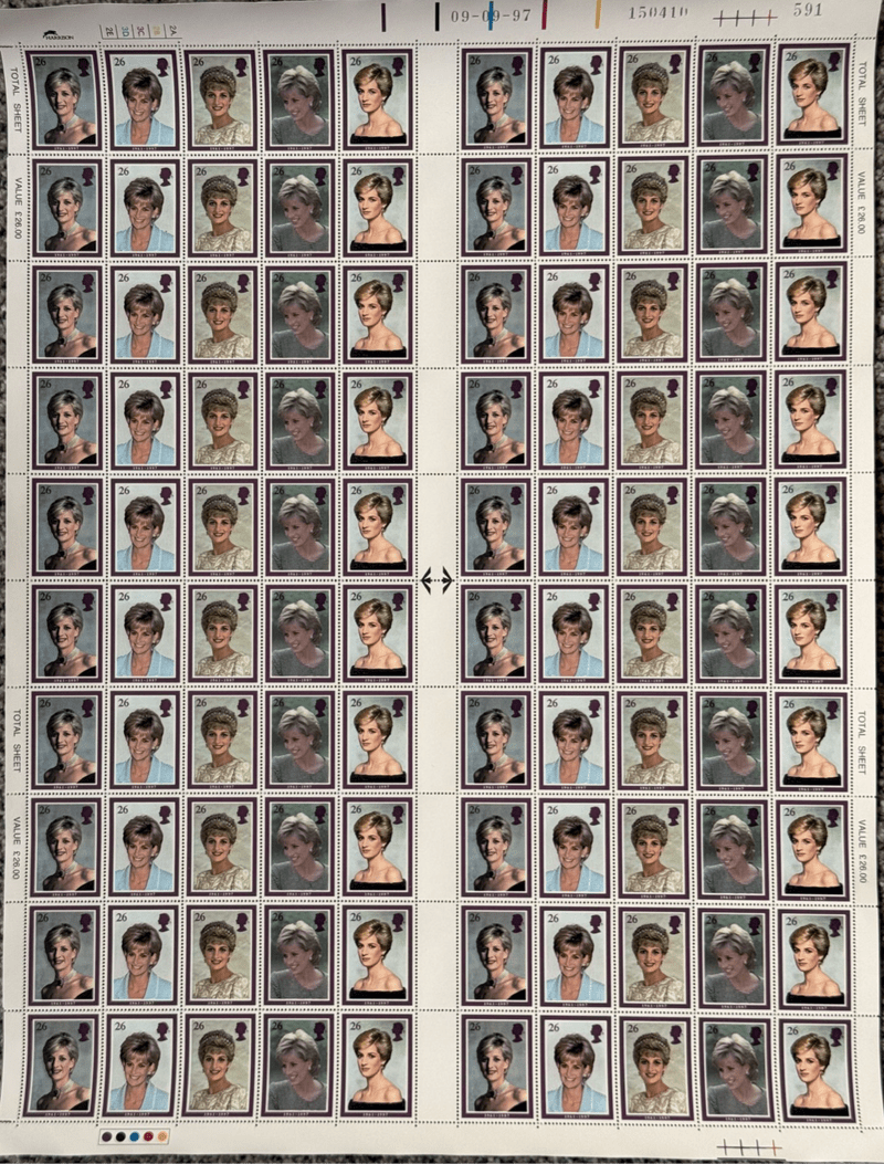 A Complete sheet of 100 x Princess Diana 26p Postage Stamps 45% off (worth £26)