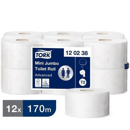 Tork Mini Jumbo Toilet Roll 170M White 2 Ply (Case 12) - 120238