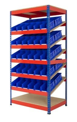 Kanban Shelving with Plastic Bins and Shelf Trays
