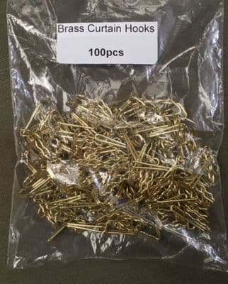 100 x BRASS CURTAIN TAPE HOOKS ~ STRONG SOLID METAL ~ PLEAT HOOKS