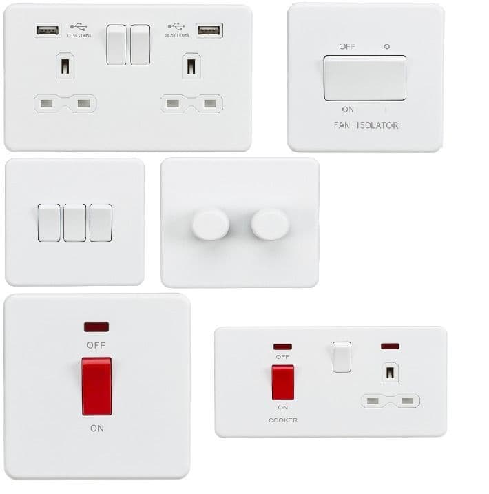 MATT white metal screwless sockets switches spur usb flatplate 