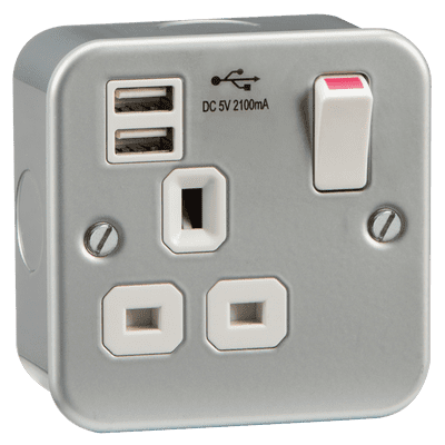 METALCLAD 13A 1G switched socket with dual USB charger 5V DC 2.1A