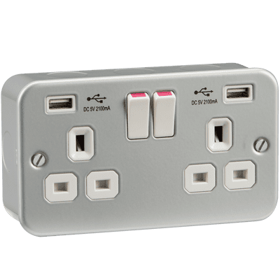 METALCLAD DOUBLE SOCKET USB TWIN 13 AMP 2 GANG HEAVY DUTY