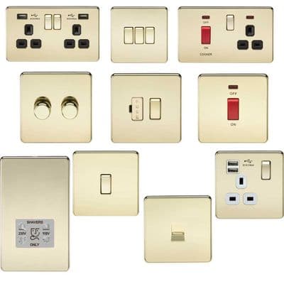 SCREWLESS Polished BRASS FLAT PLATE SLIMLINE SOCKET USB SPUR SWITCH
