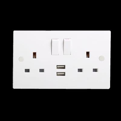 White USB DOUBLE SWITCHED SOCKET 13A WITH TWIN USB OUTLETS 2 Gang