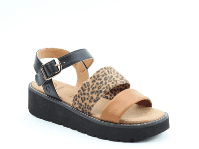 Heavenly Feet Fleur Women's Low Wedge Sandal - Black/Leopard/Tan