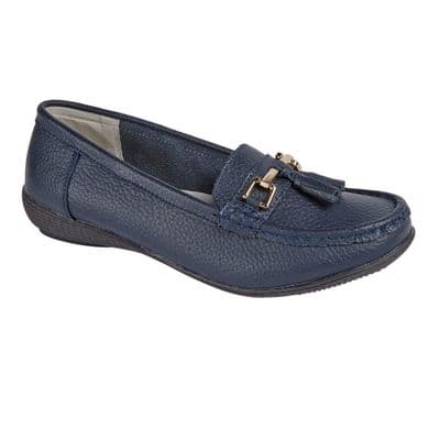 Jo & Joe Nautical Women's Slip On Leather Loafers Moccasins Shoes - Navy