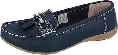 Jo & Joe Nautical Women's Slip On Leather Loafers Moccasins Shoes - Dark Blue
