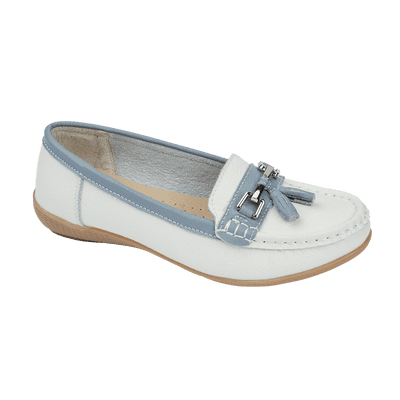 Jo & Joe Seafairer Women's Casual Comfort Leather Loafers - White/Baby Blue