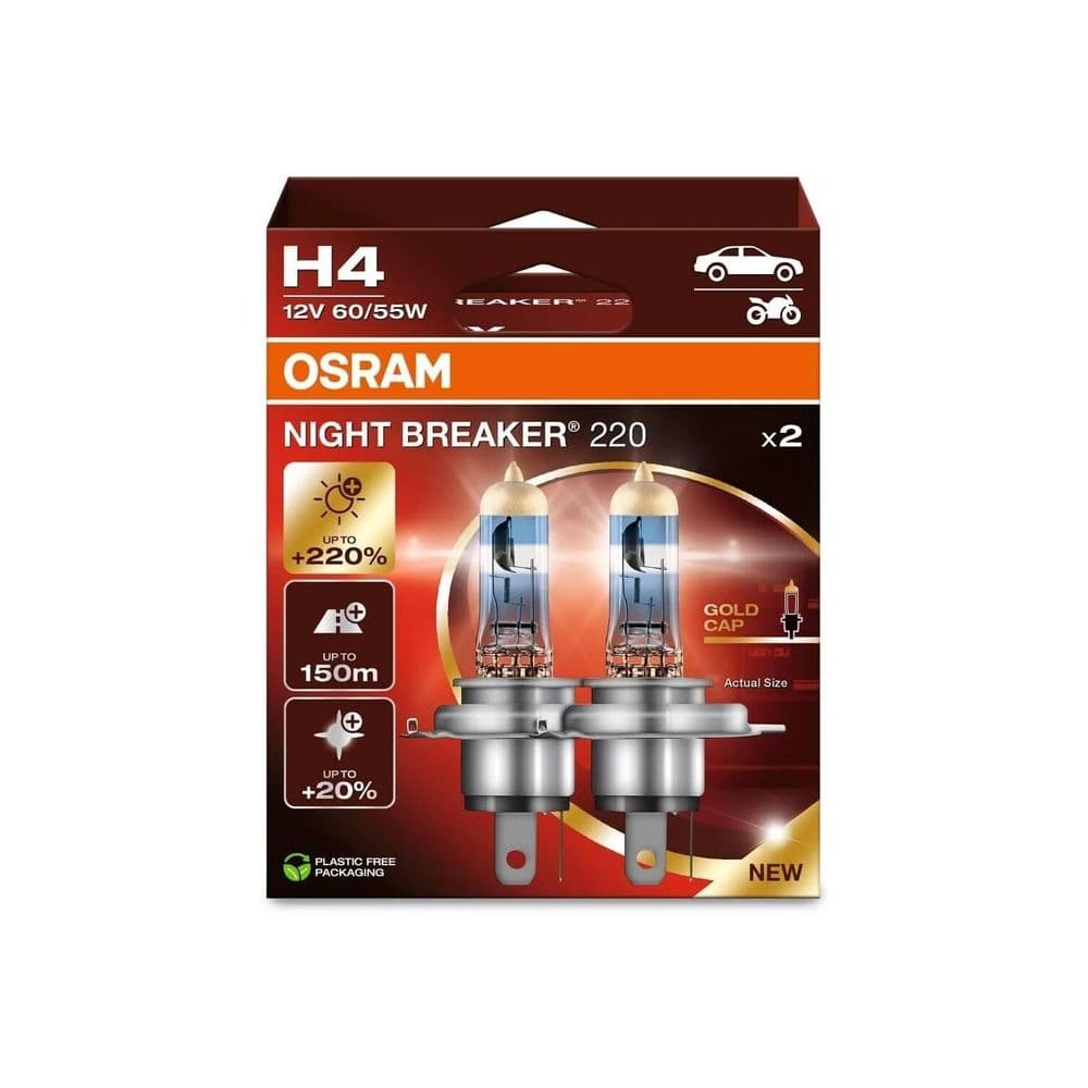 OSRAM NIGHT BREAKER 220 H4, Headlight Dip Beam Bulbs Uprated Performance Pair