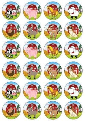 24 Farm Yard Animals CupCake Disc Toppers Edible Wafer Paper or Icing Sheet