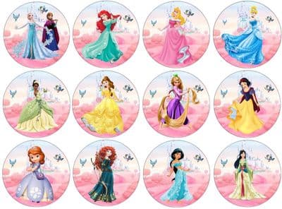 24 x Princess Discs Various - Edible Cup Cake Toppers - Not PRECUT