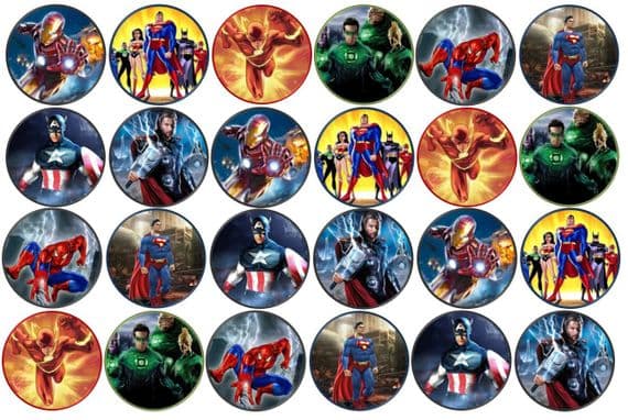48 Superhero's Edible Rice Paper Toppers 3cm x 3cm
