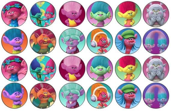 48 Trolls Edible Rice Paper Toppers 3cm x 3cm