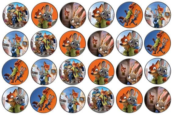 48 Zootopia / Zootropolis Edible Rice Paper Toppers 3cm x 3cm
