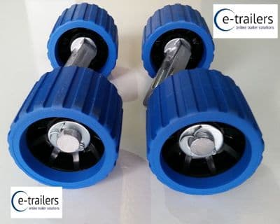 4 x BLUE BLACK WOBBLE ROLLERS ON 2 ALLOY WING BRACKETS - FITS EXTREME TRAILERS