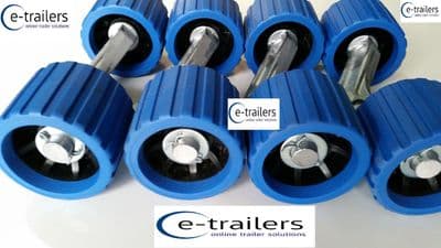 8 x BLUE BLACK WOBBLE ROLLERS ON 4 ALLOY WING BRACKETS - FITS EXTREME TRAILERS